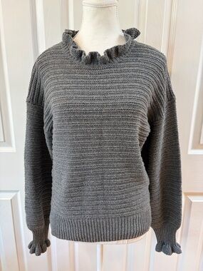 Madewell Gray Wool/Cotton Blend Ruffle Neck/Sleeve Sweater Size S (AG587)